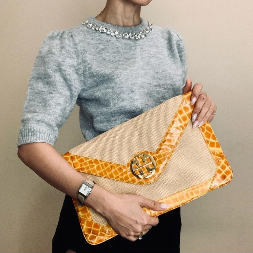 Tory Burch Yellow & Natural Raffia Envelope Crossbody